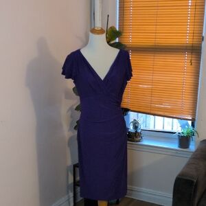 Lauren Ralph Lauren Deep Purple V-Neck Ruched Midi Dress